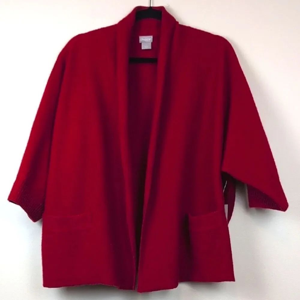 Chico's 100% Wool Short Shawl Collar Open Cardigan Sweater Jacket Size 2 (L) NWT